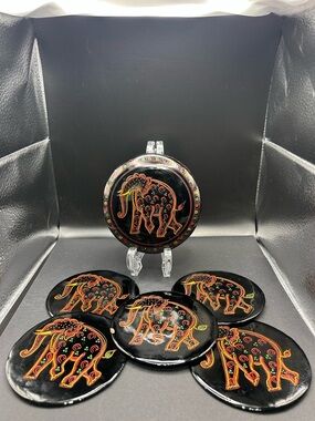 Vintage Set Of 5 Black Lacquered Hand Painted Elephant Coasters w/ Box & Lid